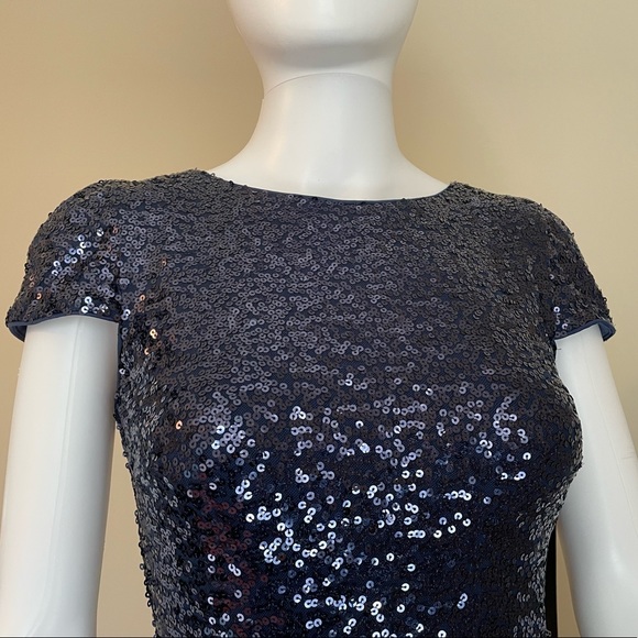 Badgley Mischka Navy Cap-Sleeve Sequin Drape Back Gown - Picture 7 of 11